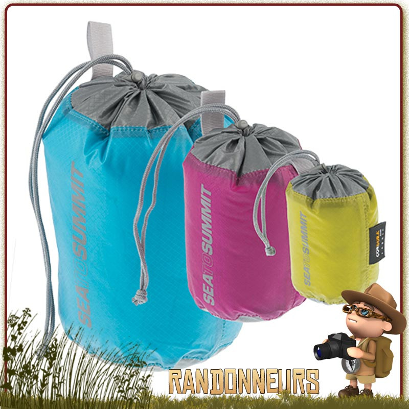 lot trois sacs de rangement ultra légers (30 cl, 60 cl, 2 L) Sea to Summit. Nylon résistant UltraSil ripstop imperméable