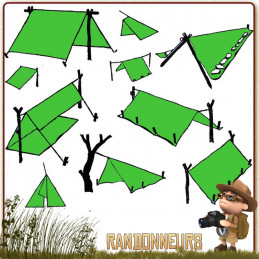 Kit Bache Tarp Tactique 100 INC complet avec toile piquets hauban pour abri survie bushcraft