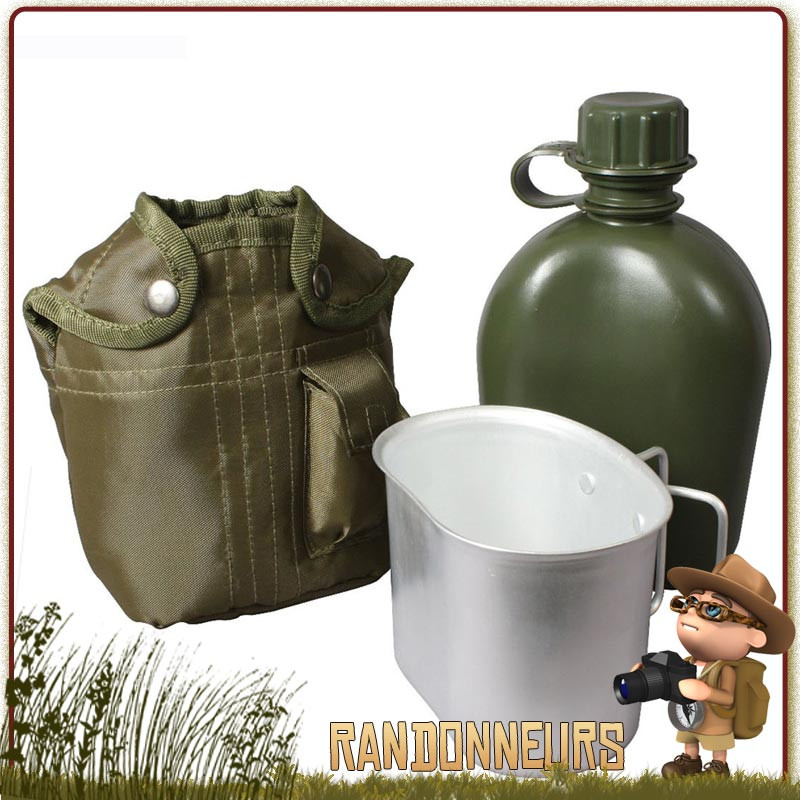 Set gourde plastique armée américaine type gi's et sa housse polyester robuste vert olive, et quart aluminium