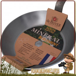 Poêle à frire bushcraft acier minéral B De Buyer 26 cm, bivouac fabrication française