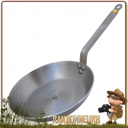 Poêle acier à frire bushcraft De Buyer 26 cm, bivouac camping feu de camp fabrication française