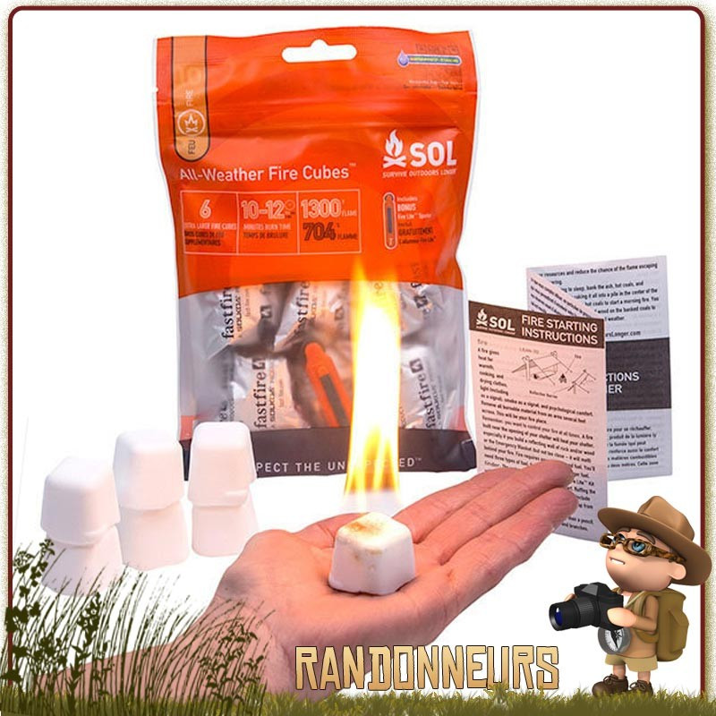 Kit Allume feu tout temps SOL (Survive Outdoors Longer) comprenant des cubes d'amadou brulant en toutes conditions