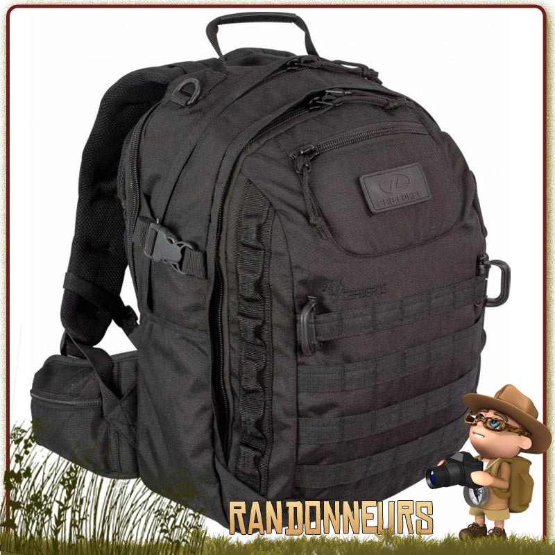 Sac Tactique CERBERUS 30 Litres NOIR Highlander Couvre sac étanche, poche zippée polaire pour ordinateur portable