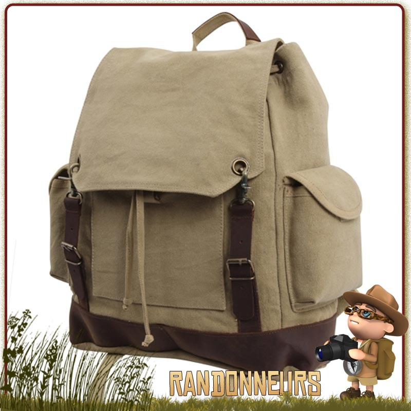 Sac a dos Vintage Canvas Cuir randonnée Bushcraft BEIGE Rothco france